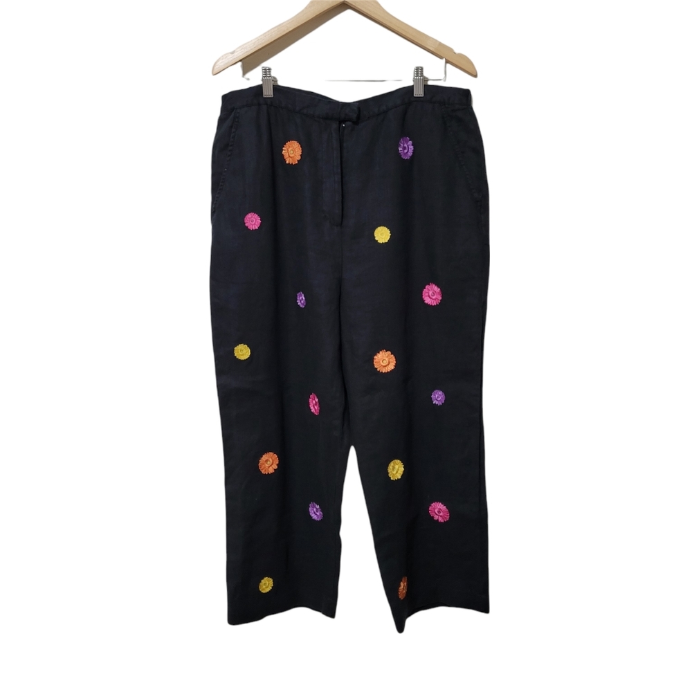 Rosanna 100% Linen Black Pants with Colurful Floral Embroidery | Size 16W